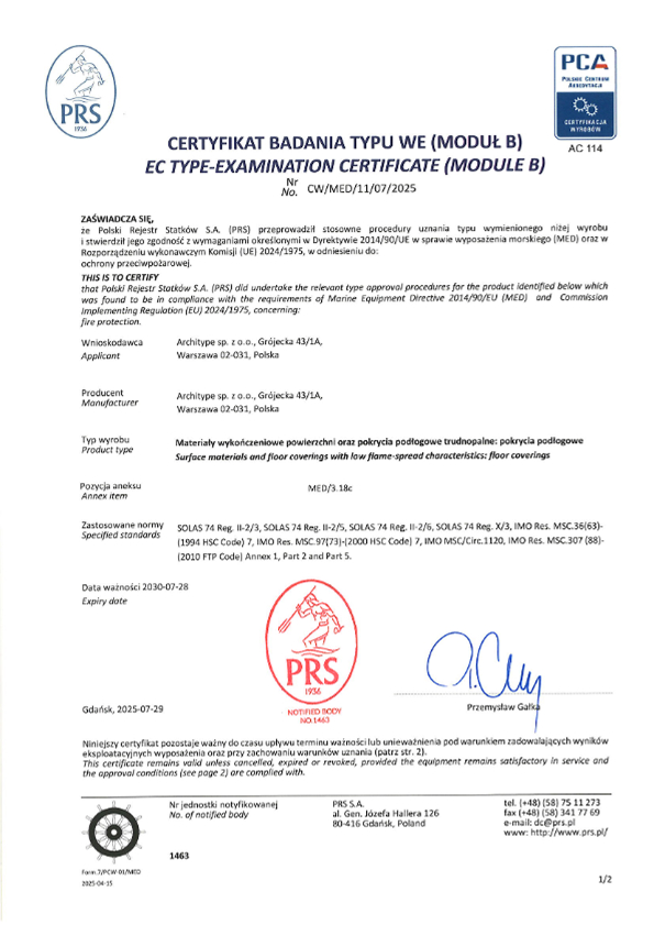 GRANDEX. EU Certifikat pregleda tipa (Modul B) MED/3.18c - Podne obloge